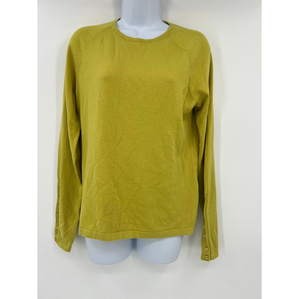 J. McLaughlin Women M Chartreuse Yellow Cotton Modal Button Cuff Sweater Medium